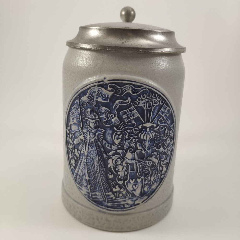 Gerz Salt Glaze Stein Relief Embossed Pottery with Pewter Lid Vtg W.Germany 6.5"